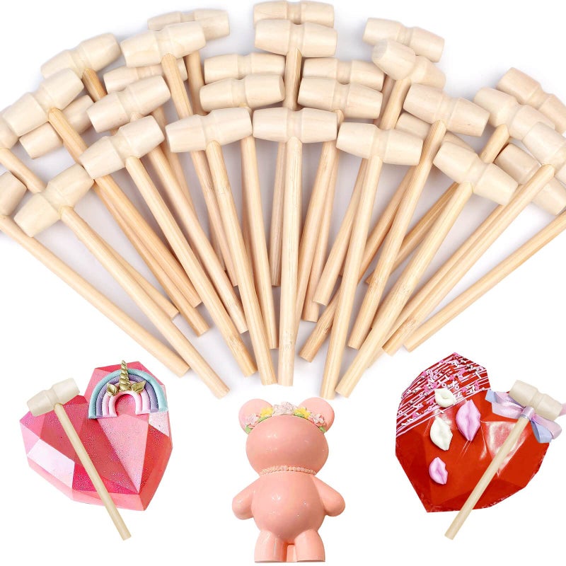 Caffox Mini Wooden Hammers for Chocolate 30Pcs Small Wooden Mallets for Breakable Chocolate Heart Crafts and Party Game Props