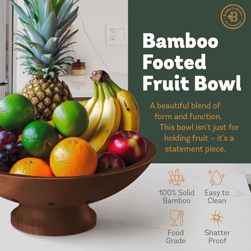 Bambüsi Fruit Bowl - 11" Large Brown Wooden Pedestal Bowl for Kitchen Counter & Dining Table Centerpiece, Premium Bamboo Wood Fruit Basket & Banana Holder for Fresh Produce, Bread & Home Decor - Image 3