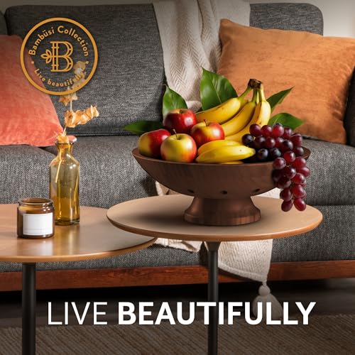 Bambüsi Fruit Bowl - 11" Large Brown Wooden Pedestal Bowl for Kitchen Counter & Dining Table Centerpiece, Premium Bamboo Wood Fruit Basket & Banana Holder for Fresh Produce, Bread & Home Decor - Image 5