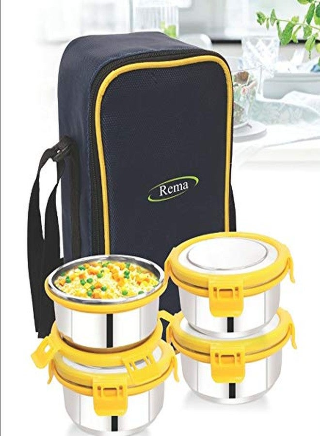 Rema - Stainless Steel 4 Container with Steel Lid Lunch Box Set with Bag (Made in India) (Krysta-Executive-4) - Image 1