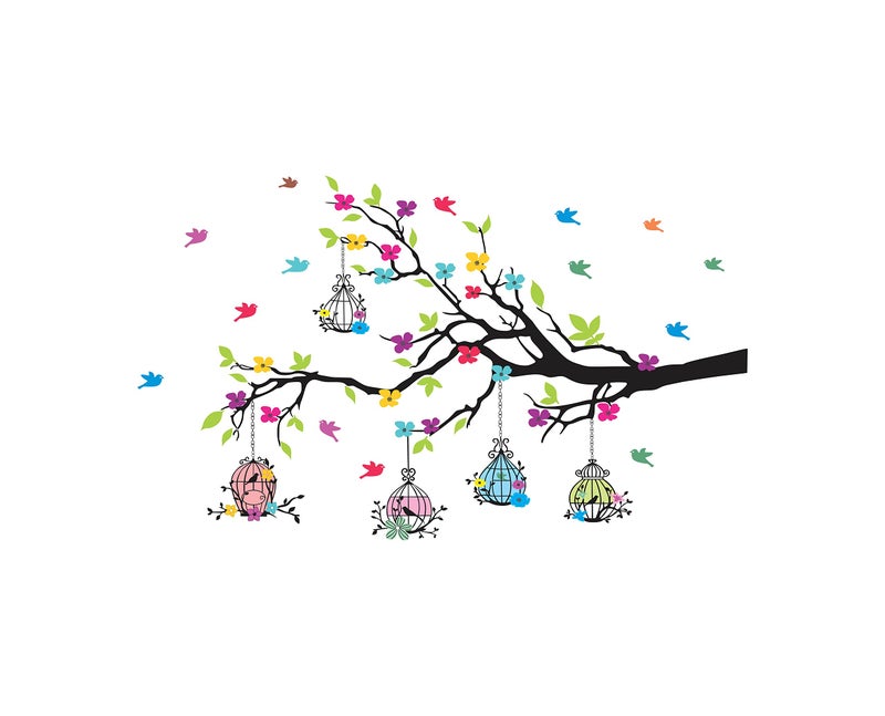 DreamKraft Tree and Flowers Multicolour Vinyl Size 80 cm X 127 cm Wall Sticker - Image 1