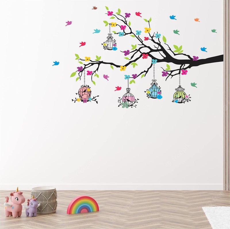 DreamKraft Tree and Flowers Multicolour Vinyl Size 80 cm X 127 cm Wall Sticker - Image 2