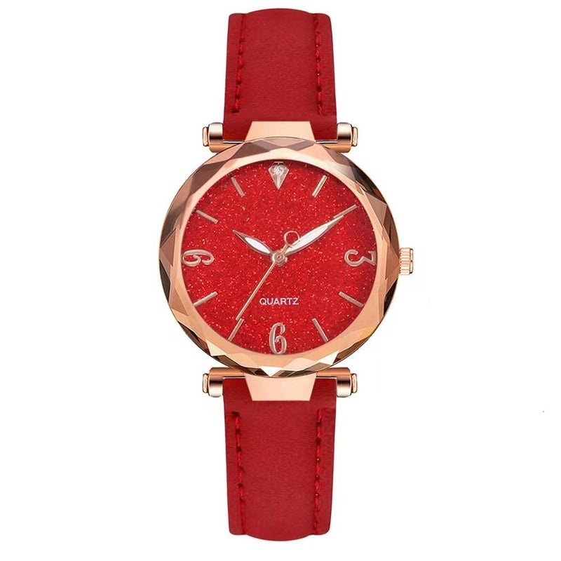 2023 New Cross-border Popular Powder Digital Face Wristwatch Womens 2-piece Set Hexagon Bracelet Ladies Watch Red 