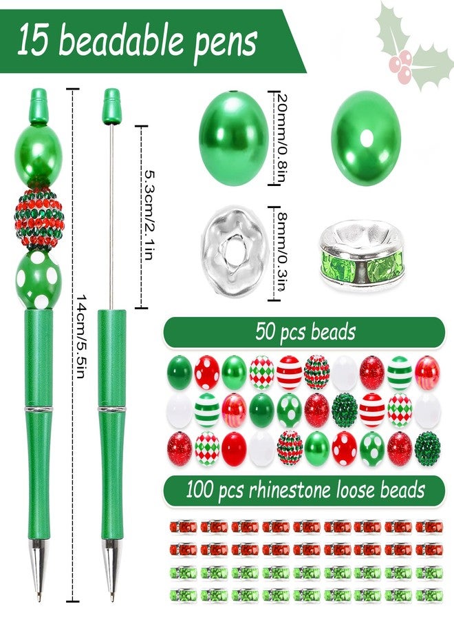 Whaline 15Pcs Christmas Beadable Pen Red Green Silver Bead Ballpoint Pen Gel Ink Pen with 50Pcs Colorful Beads 100Pcs Rhinestone Beads for Xmas DIY Crafts Office School Gifts Party Supplies - Image 2