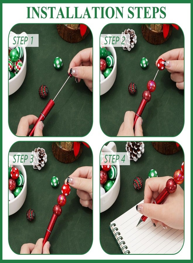 Whaline 15Pcs Christmas Beadable Pen Red Green Silver Bead Ballpoint Pen Gel Ink Pen with 50Pcs Colorful Beads 100Pcs Rhinestone Beads for Xmas DIY Crafts Office School Gifts Party Supplies - Image 3