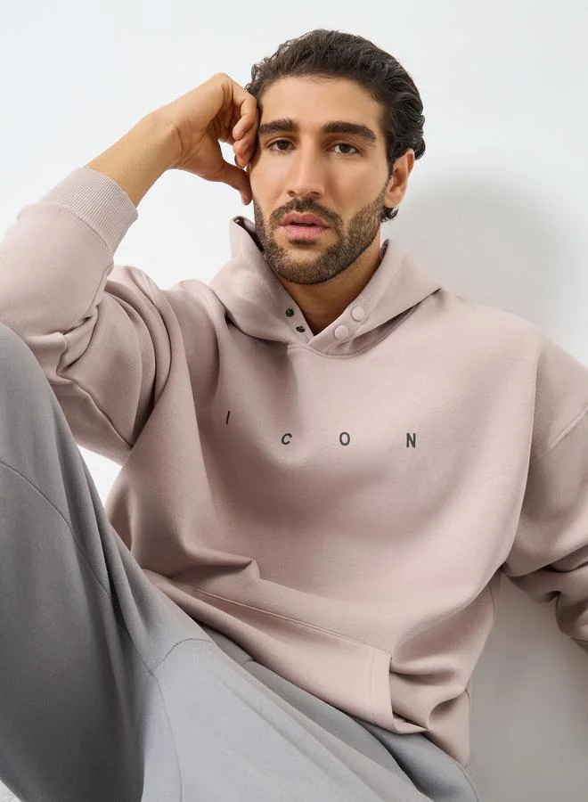 Styli Men Pink Oversized Text Print Fleece Hoodie