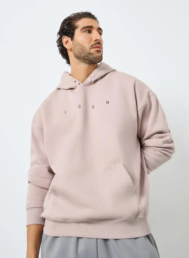 Styli Men Pink Oversized Text Print Fleece Hoodie
