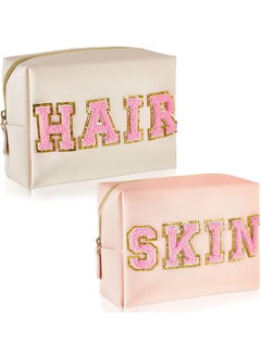 Patelai Patelai 2 Pcs Preppy Makeup Bags Chenille Letter Patch Bag Face Skin Hair Stuff Aesthetic Cosmetic Bag Travel Zipper Pouch Makeup Organizer Graduation Gift for Girls (White, Pink,Hair, Skin) 