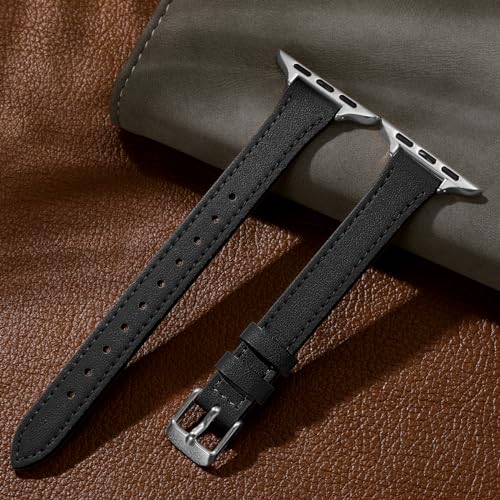 Charlam Slim Leather Band Compatible with Apple Watch Band 40mm 38mm 41mm 42mm 44mm 45mm 46mm Women,Top Grain Genuine Leather Strap Thin Wristband for iWatch Series 11 10 9 8 7 6 5 4 3 2 1 SE,Black - Image 5