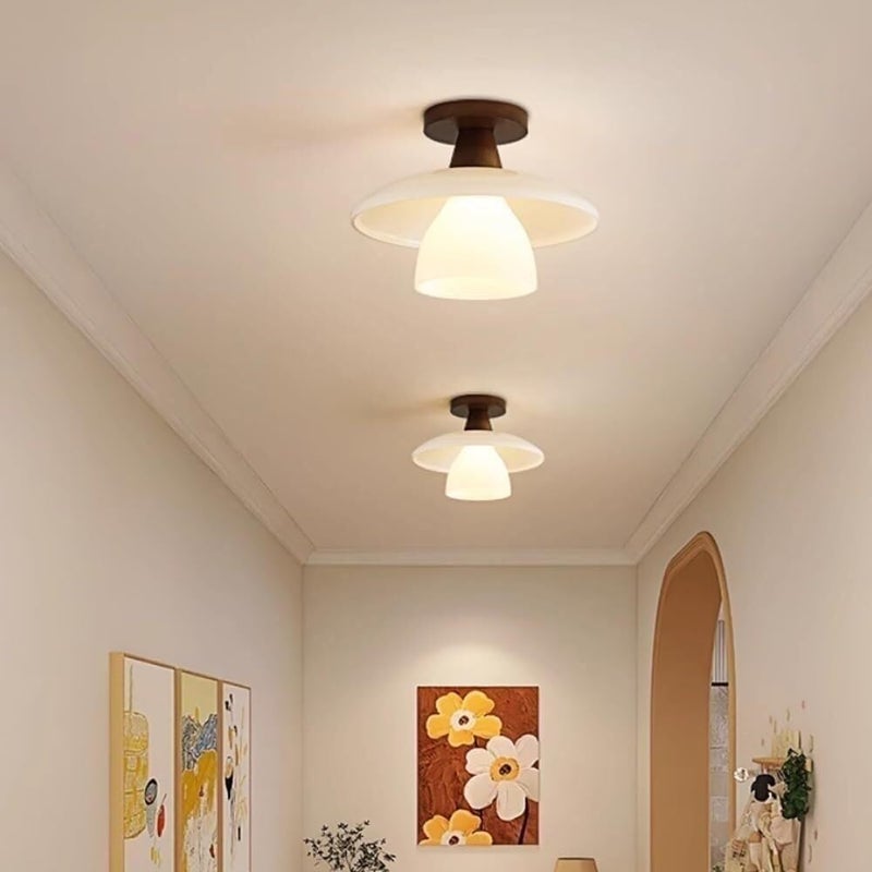 Modern Nordic Retro Semi Flush Mount Ceiling Light Fixture - Natural Rubber Wood Base & Frosted Glass Shade - Black Walnut Finish for Bedroom & Living Room - Image 3