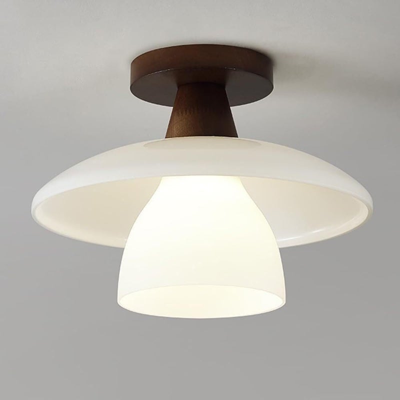 Modern Nordic Retro Semi Flush Mount Ceiling Light Fixture - Natural Rubber Wood Base & Frosted Glass Shade - Black Walnut Finish for Bedroom & Living Room - Image 1