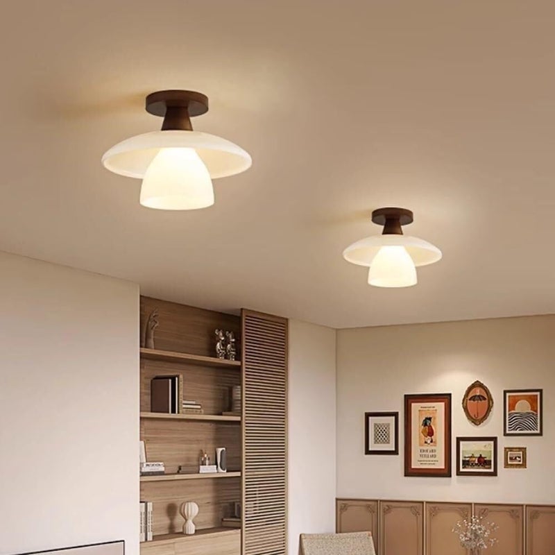 Modern Nordic Retro Semi Flush Mount Ceiling Light Fixture - Natural Rubber Wood Base & Frosted Glass Shade - Black Walnut Finish for Bedroom & Living Room - Image 2
