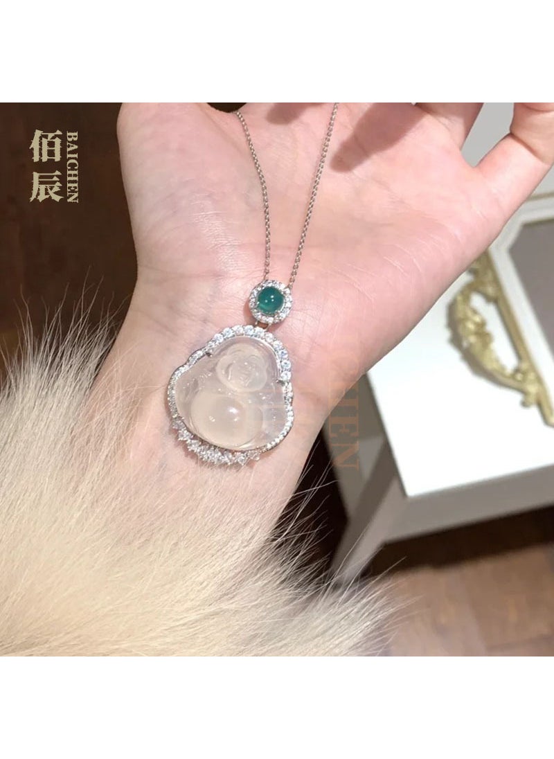 Generic - Modern Chinese Jade Buddha Pendant Necklace Laughing Buddha sends silver-plated color chain 41.7*28.8*9.5mm or so - Image 1