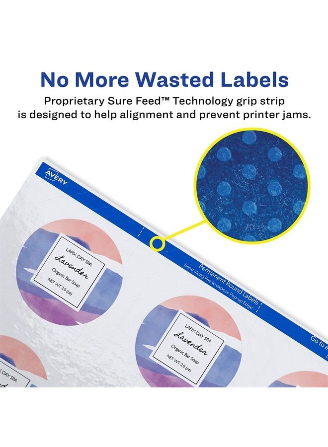 AVERY ملصقات دائرية قابلة للطباعة من أفيري مع تقنية Sure Feed، بقطر 2 بوصة، بيضاء لامعة، 60 ملصق قابل للتخصيص (22817) - Image 2