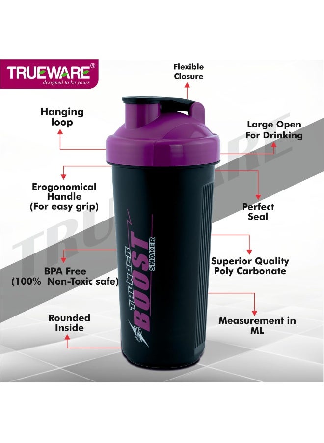 Trueware كوب خلط البروتين Trueware Tender Boost Gym Shaker بتقنية الخلط السريع | بلاستيك | 700 مل | أسود وبنفسجي | مانع للتسرب | مثالي للبروتين، ومكملات ما قبل التمرين، والأحماض الأمينية المتفرعة السلسلة (BCAAs) | خيار مثالي لعشاق اللياقة البدنية - Image 2
