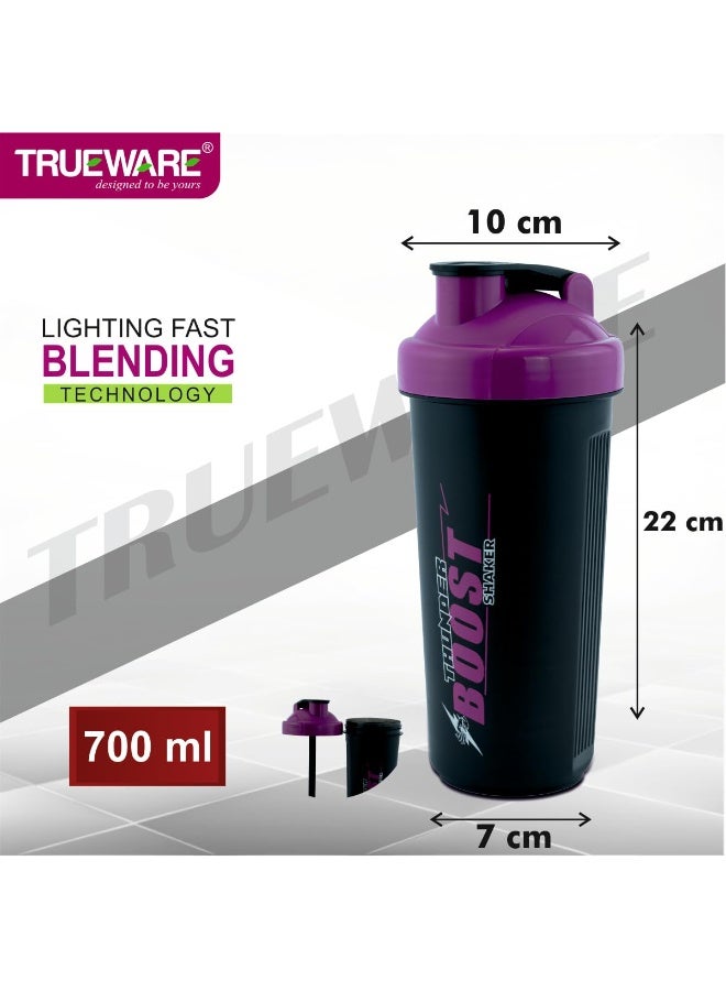 Trueware كوب خلط البروتين Trueware Tender Boost Gym Shaker بتقنية الخلط السريع | بلاستيك | 700 مل | أسود وبنفسجي | مانع للتسرب | مثالي للبروتين، ومكملات ما قبل التمرين، والأحماض الأمينية المتفرعة السلسلة (BCAAs) | خيار مثالي لعشاق اللياقة البدنية - Image 3