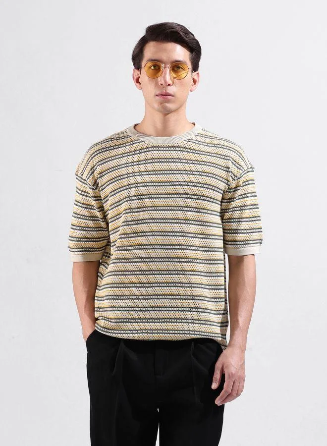 The Indian Garage Co Men Oversized Fit Textured Crew Neck Half Sleeves T-Shirt