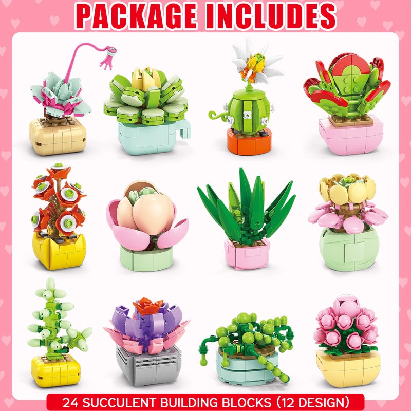 Qinline Easter Gifts for Kids 6-12, 24 Pack Succulents Plants Building Blocks with Gift Cards for School, Bulk Boy Girl Class Easter Egg Fillers Party Favors Exchange Gift Goodie Bag Basket Stuffers - Image 2
