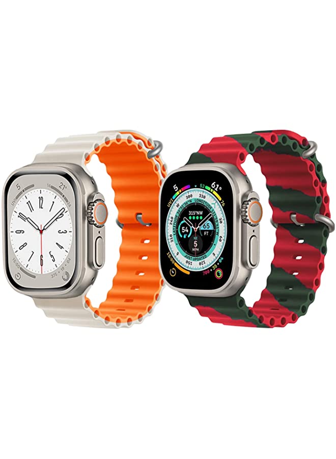 IAF Silicone Ocean Band Strap for Apple Watch Ultra 8 49mm White/Orange Double Side Strap with Red/Green Double Line Strap Set of 2