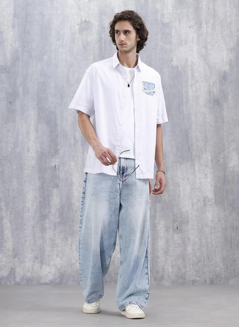 روجن Varsity-Inspired Casual Oversized Striped Shirt For Men | Pink