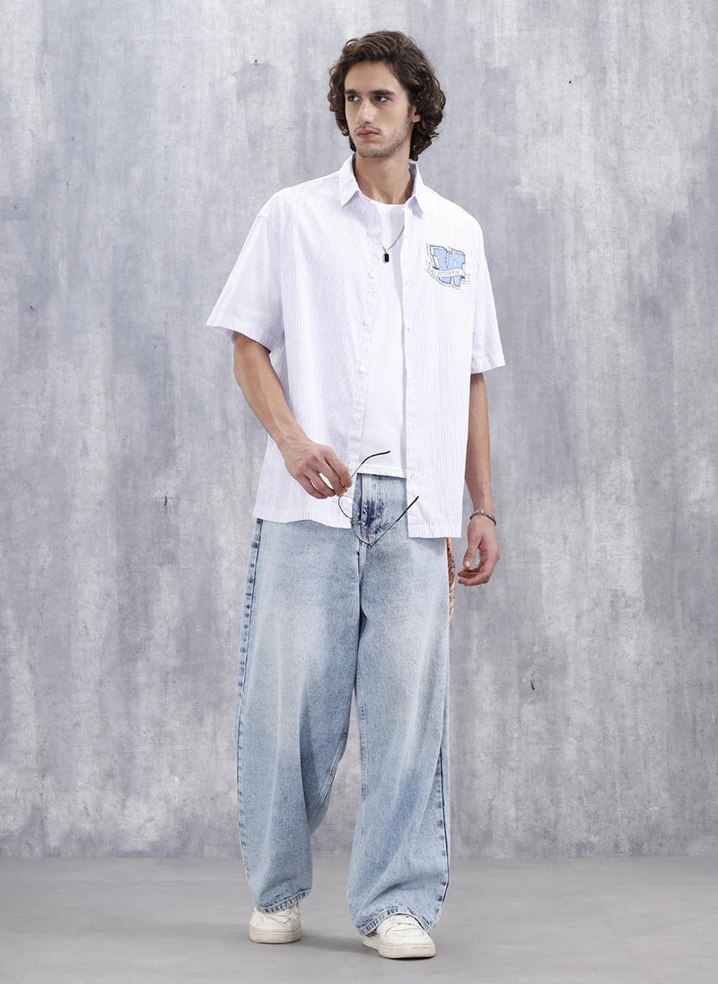Wrogn Varsity-Inspired Casual Oversized Striped Shirt For Men | Pink - Image 2