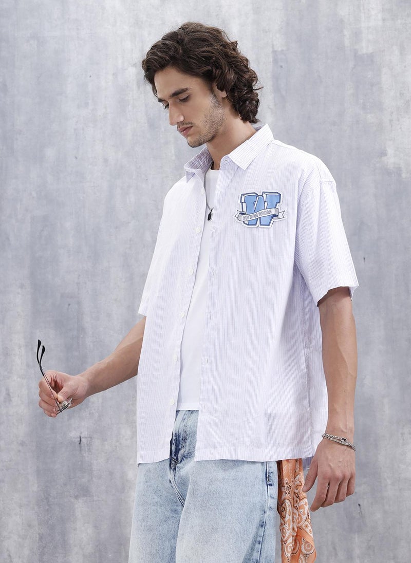 Wrogn Varsity-Inspired Casual Oversized Striped Shirt For Men | Pink - Image 1