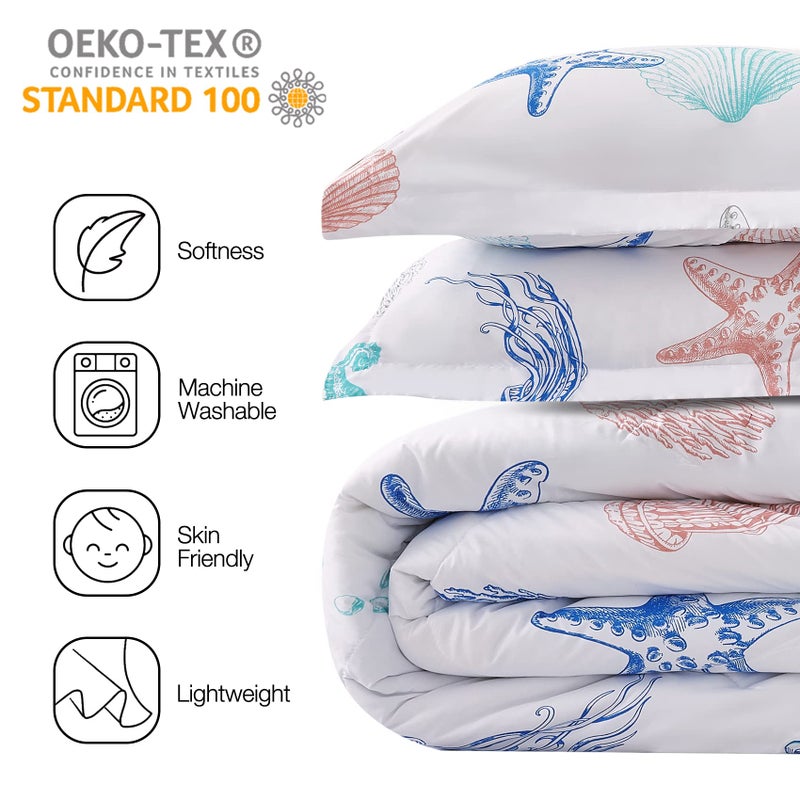 JSD مجموعة لحاف للأطفال بموضوع الشاطئ بحجم توين - لحاف مطبوع بقناديل البحر ونجوم البحر وقواقع مع غطاء وسادة خفيف الوزن لجميع الفصول قابل للغسل - Image 3