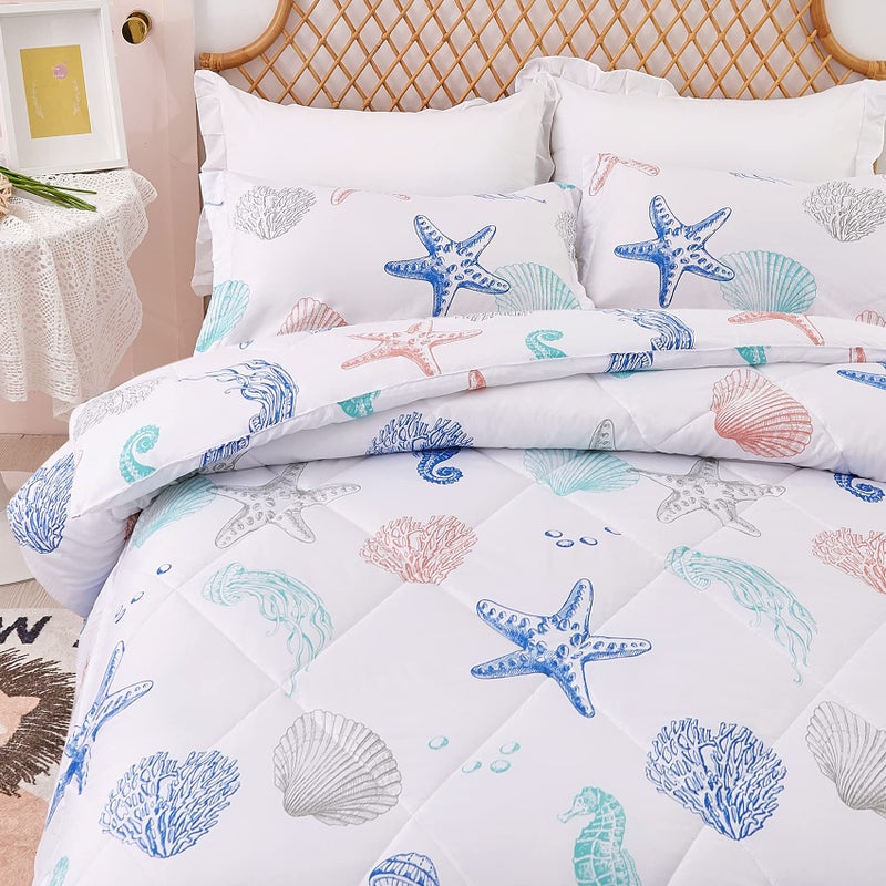 JSD مجموعة لحاف للأطفال بموضوع الشاطئ بحجم توين - لحاف مطبوع بقناديل البحر ونجوم البحر وقواقع مع غطاء وسادة خفيف الوزن لجميع الفصول قابل للغسل - Image 2