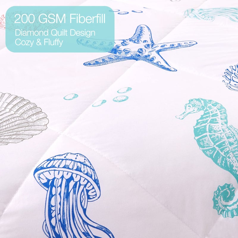 JSD مجموعة لحاف للأطفال بموضوع الشاطئ بحجم توين - لحاف مطبوع بقناديل البحر ونجوم البحر وقواقع مع غطاء وسادة خفيف الوزن لجميع الفصول قابل للغسل - Image 4