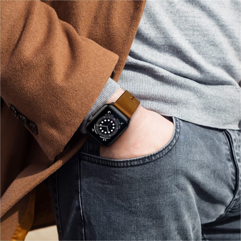 OUHENG Leather Bands Compatible with Apple Watch Band 49mm/46mm/45mm/44mm/42mm, Genuine Leather Strap for iWatch Ultra 3/2/1 & SE 3/2/1 Series 11 10 9 8 7 6 5 4 3 2 1 (Retro Brown/Black) - Image 4