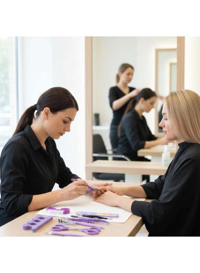 مجموعة عناية متكاملة للأظافر والباديكير المنزلية باللون البنفسجي تشمل 8 أدوات أساسية: فواصل أصابع القدم المرحّة على شكل وجوه، فرشاة أظافر لتنظيف الأظافر واليدين، مبرد أظافر معدني لتشكيل الأظافر بدقة، أداة دفع وإزالة الجلد الميت للباديكير والمانيكير، قصافة أظافر معدنية كلاسيكية، قصافة جلد ميت دقيقة، مقص أظافر صغير بأمان، ملقط دقيق للاستخدامات الدقيقة، ومبرد أظافر كرتوني/رملي لتنعيم حواف الأظافر – مجموعة عملية وعصرية مثالية للاستخدام المنزلي والشخصي لجميع أنواع الأظافر واليدين والقدمين - Image 3