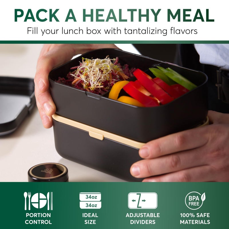 Umami Bento Box Adult All-In-1 w/4 Utensils, 2 Sauce Jars 2 Dividers, Bamboo Lid, 100% Leakproof, Microwave & Dishwasher Safe Stackable Bento Lunch Box Containers for Men/Women, Black & Bamboo, 68 oz - Image 2