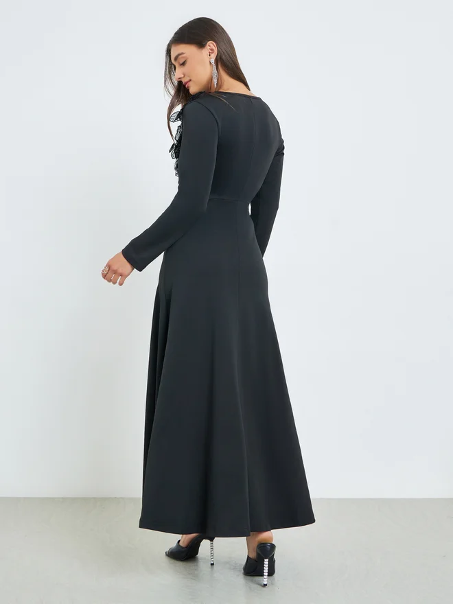 Styli  Styli Black Flower Applique A-Line Maxi Dress for Women | Best Price UAE