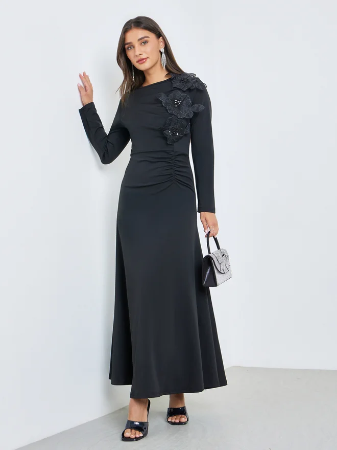 Styli Black Flower Applique A-Line Maxi Dress