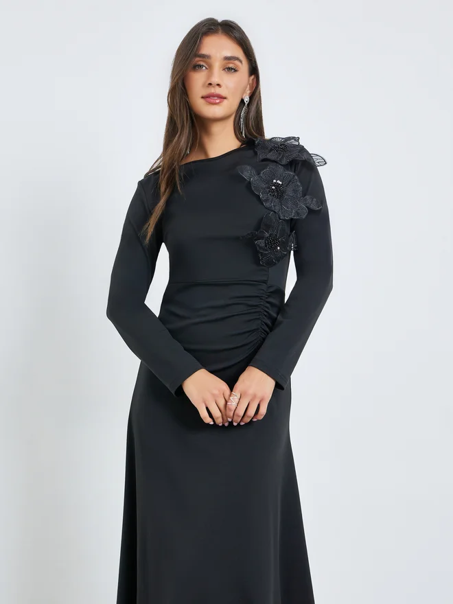 Styli  Styli Black Flower Applique A-Line Maxi Dress for Women | Best Price UAE