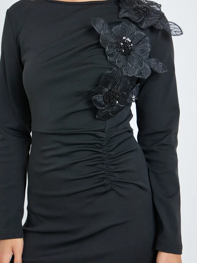 Styli  Styli Black Flower Applique A-Line Maxi Dress for Women | Best Price UAE