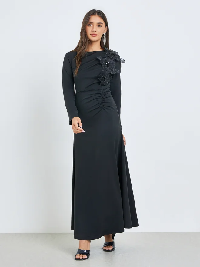 Styli  Styli Black Flower Applique A-Line Maxi Dress for Women | Best Price UAE