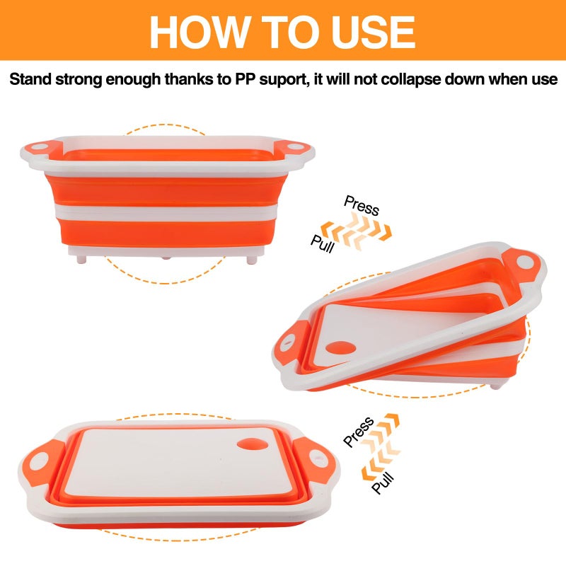 GuanBoXin Collapsible BBQ Prep Tub/Cutting Board 10L, Foldable Dish Tub with Colander, Portable Camping Sink, Multifunction Dishing Basin Bucket Wash Tub for Kitchen Fruit Vegetable Picnic (Orange) - Image 3