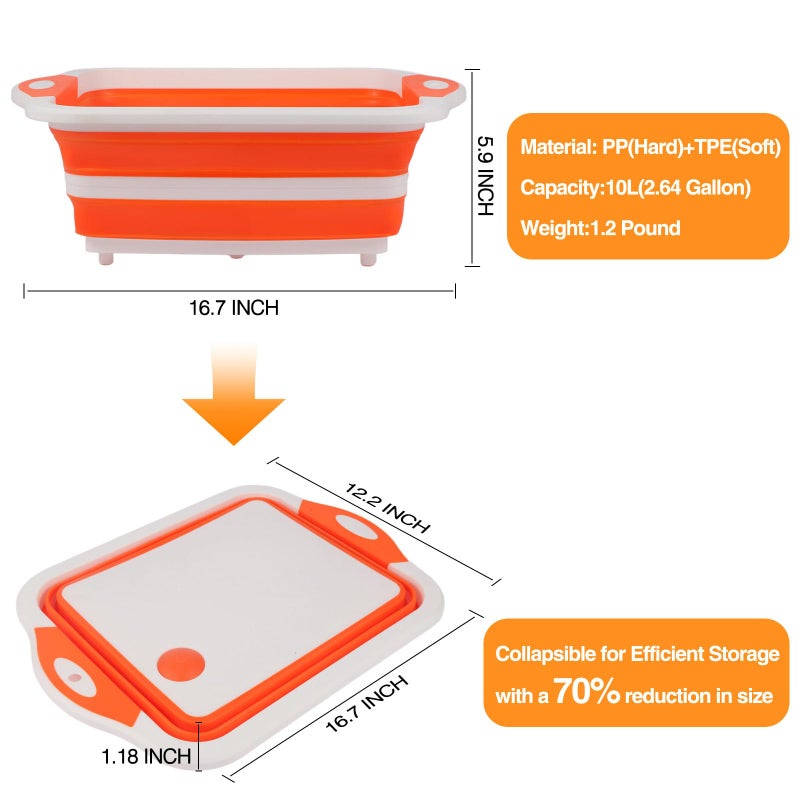 GuanBoXin Collapsible BBQ Prep Tub/Cutting Board 10L, Foldable Dish Tub with Colander, Portable Camping Sink, Multifunction Dishing Basin Bucket Wash Tub for Kitchen Fruit Vegetable Picnic (Orange) - Image 2