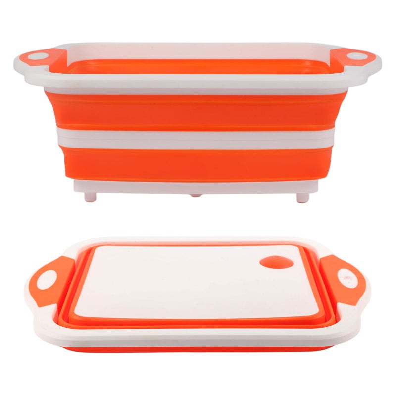 GuanBoXin Collapsible BBQ Prep Tub/Cutting Board 10L, Foldable Dish Tub with Colander, Portable Camping Sink, Multifunction Dishing Basin Bucket Wash Tub for Kitchen Fruit Vegetable Picnic (Orange) - Image 1