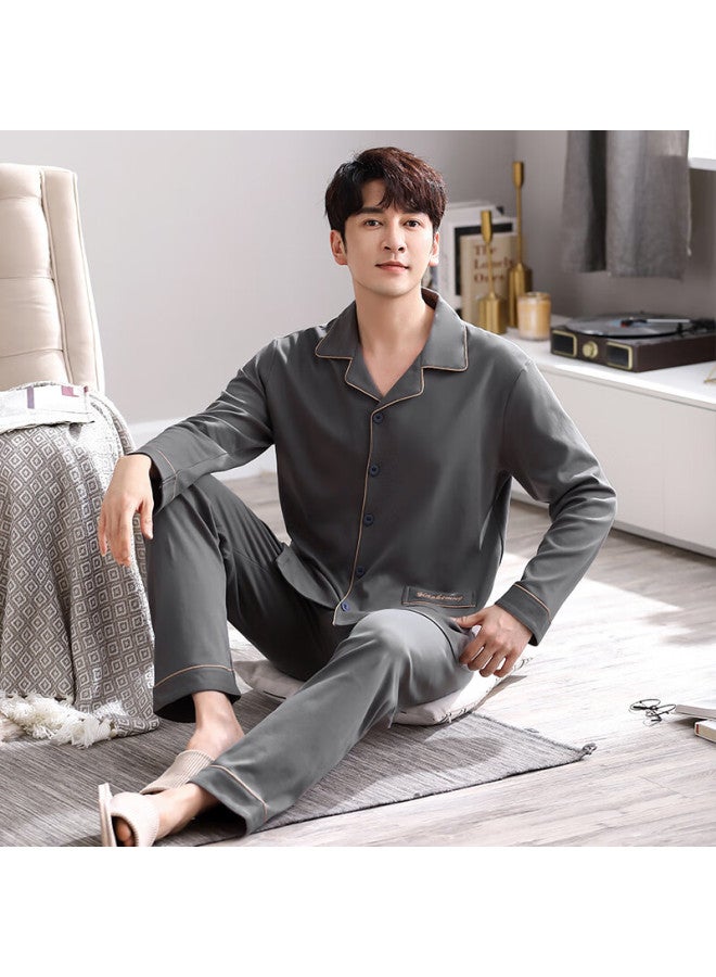 Fentengcare Men's Cotton Pajama Set Spring Autumn Cardigan Lapel Long Sleeve Long Pants Casual Homewear Simple Wearable Qh - Image 3