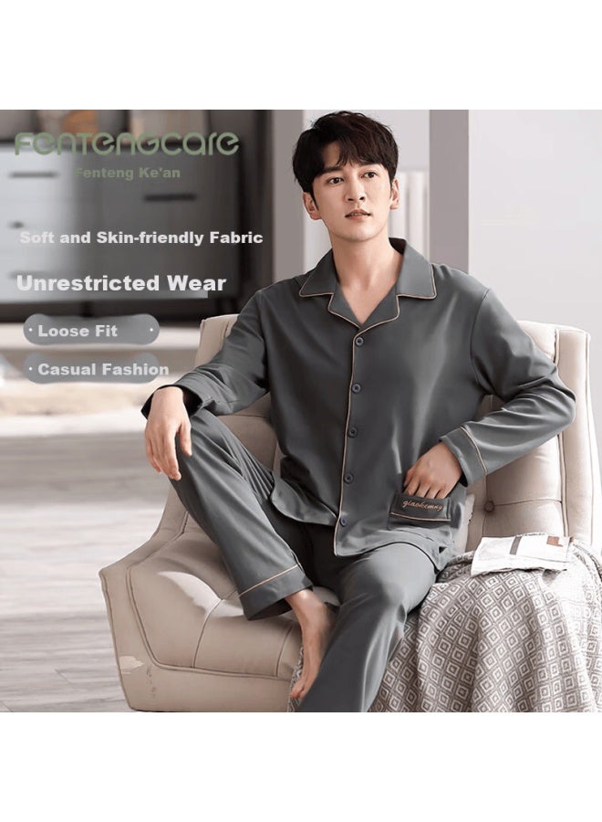 Fentengcare Men's Cotton Pajama Set Spring Autumn Cardigan Lapel Long Sleeve Long Pants Casual Homewear Simple Wearable Qh - Image 1