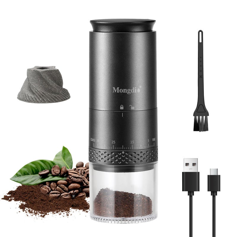Mongdio Portable Electric Burr Coffee Grinder with 38 Adjustable Settings Conical Burr Coffee Grinder with LED Display USB Charging Ceramic Core for Home Space Black