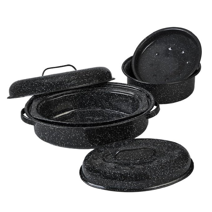 ROASTING SET COVERED 13 IN AND 15 IN OVAL ROASTER AND 3 LB ROUND ROASTER ENAMELED STEEL DESIGN TO ACCOMODATE UP TO 7 LB AND 10 LB POULTRYROAST RESISTS UP TO 932F