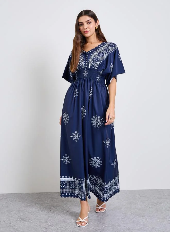 Take Two Dark Blue Graphic Print V Neck Maxi Dress