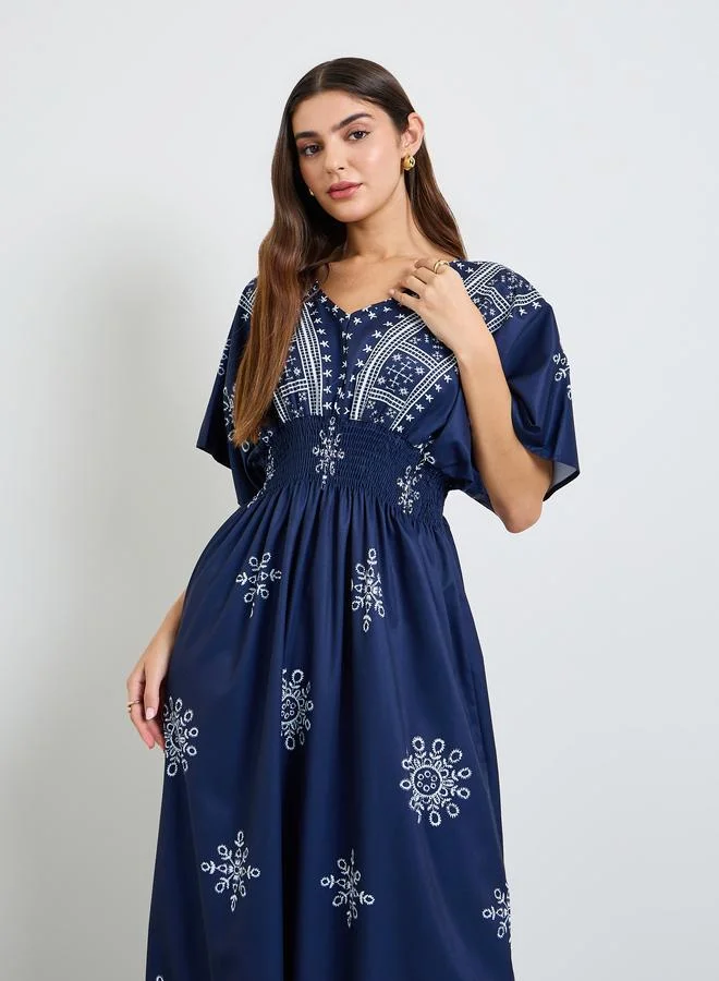 Take Two Dark Blue Graphic Print V Neck Maxi Dress