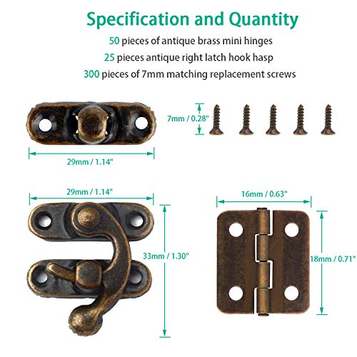 HOWDIA 25 Sets Antique Right Latch Hook Hasp and 50 Sets Antique Bronze Small Box Mini Hinges with Replacement Screws for Wood Jewelry Box, Bronze Tone - Image 2
