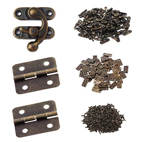 HOWDIA 25 Sets Antique Right Latch Hook Hasp and 50 Sets Antique Bronze Small Box Mini Hinges with Replacement Screws for Wood Jewelry Box, Bronze Tone - Image 1