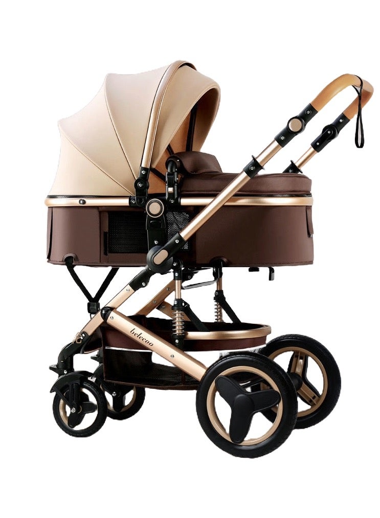 بيليكو عربة أطفال من Belecoo بزاوية رؤية عالية، مزودة بذراعَي دفع مزدوجين، يمكن استخدامها للجلوس والاستلقاء، قابلة للطي، مزودة بعجلات مطاطية رباعية مقاومة للصدمات، مساحة كبيرة، متينة ومناسبة للأطفال من عمر 0 إلى 3 سنوات (كاكي) - Image 1