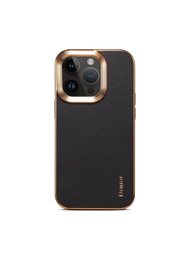 Denior Case For iPhone 15 Pro Cowhide Leather Plating Phone Case - Image 2